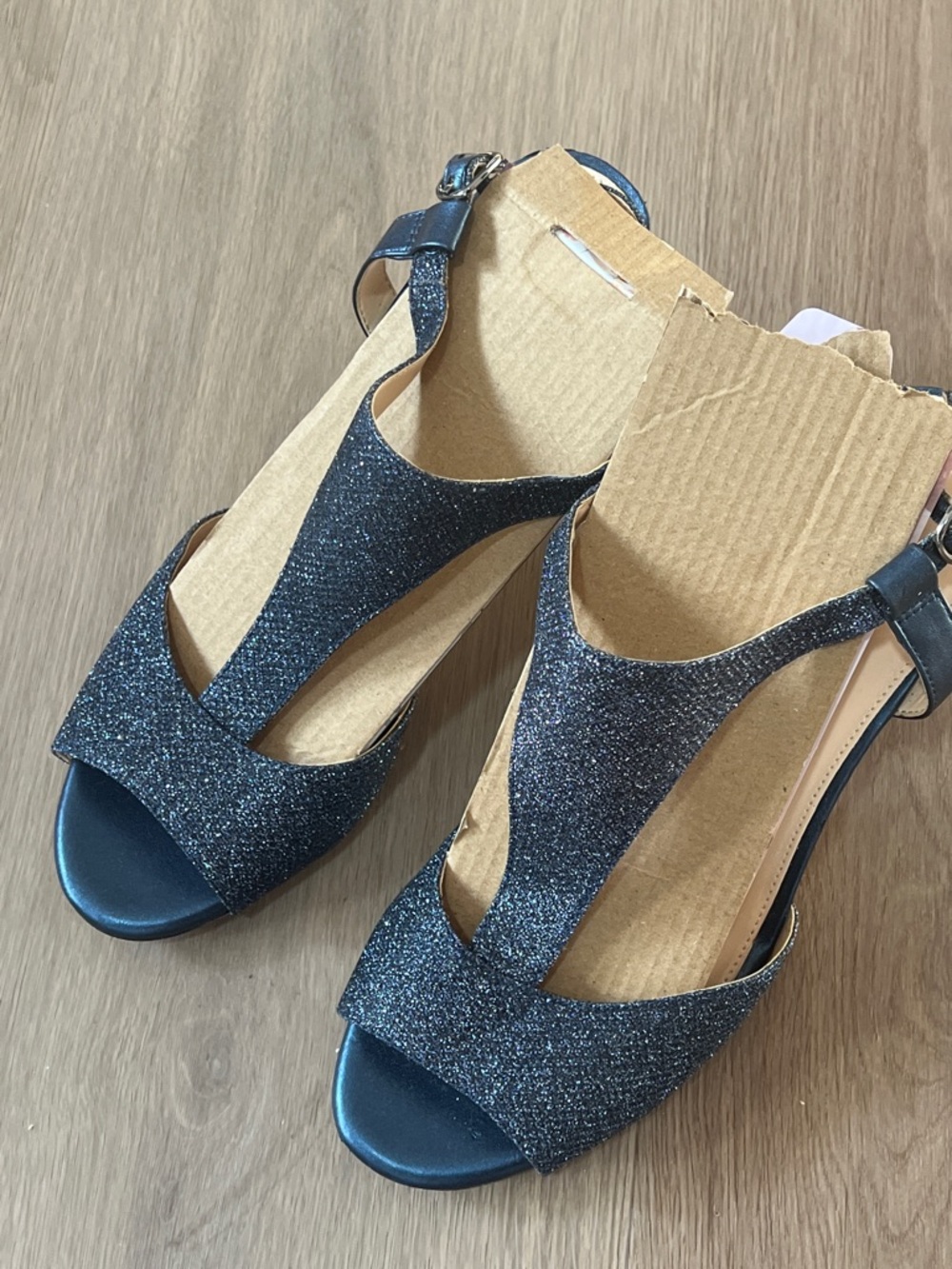 Alex Marie Blue Glitter T-Strap Open-Toe Heels